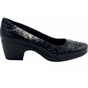 Clarks Emily Alexa Womens Heeled Pump Patent Black Croc Comfort Size 8W